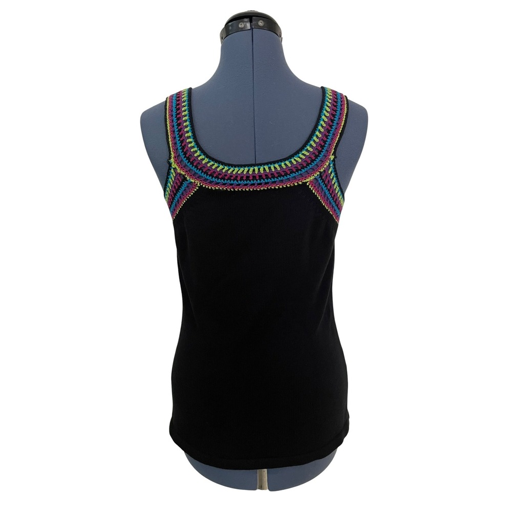 Vtg Babette Ballinger Black Multi Crochet Trim Cotton Knit Tank Top Y2K Boho S